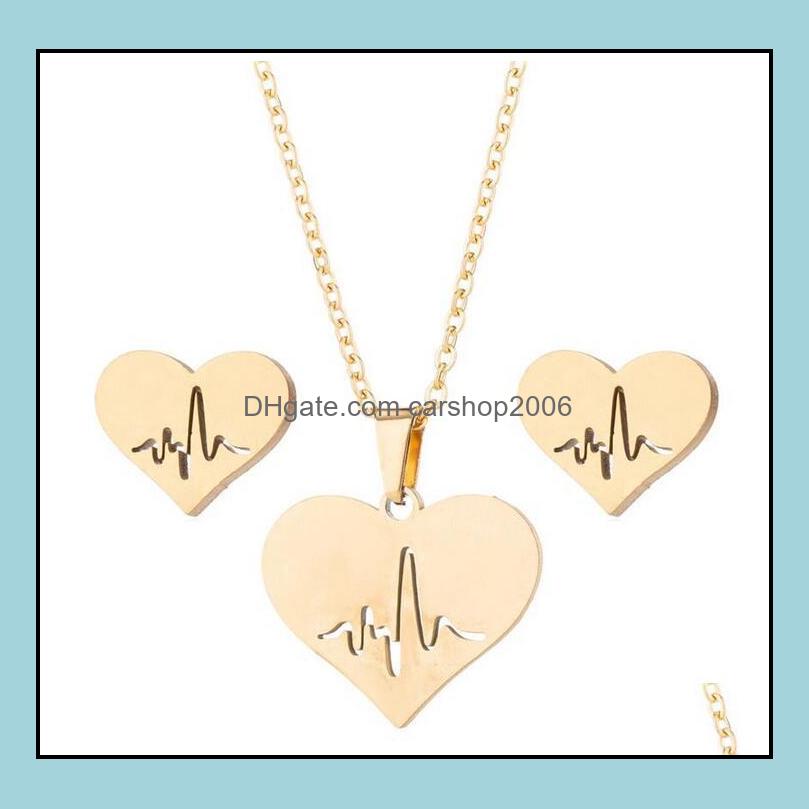 

Earrings Necklace Jewelry Sets Stainless Steel Love Heart Women Gold Heartbeat Stud For Girls Wedding Gift Drop Delivery 2021 Fvn9K, As picture