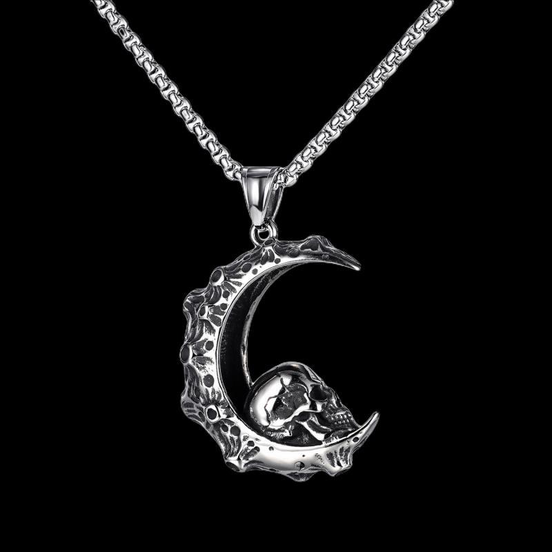 

Pendant Necklaces Gothic Punk Moon Skull Necklace For Men Male Boy Rock Party Biker Jewelry GiftPendant