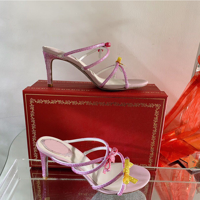 

Rhinestone Thin High Heel Crystal Slippers Women Novelty Summer Party Shoes One Word Tape Bowknot Ethnic Wedding Shoes Female, Pink-purple