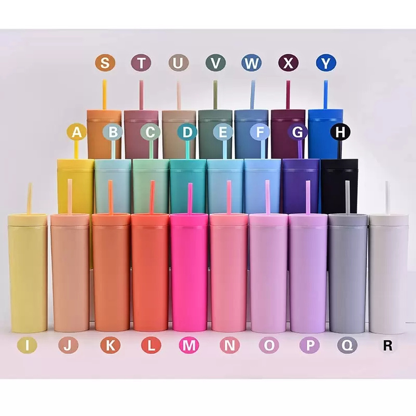 

rainbow color Mugs double wall matte finish reusable 473ml /16oz plastic tumbler with straw sxa13, 1 lot=1 cup+1 lid+1 straw