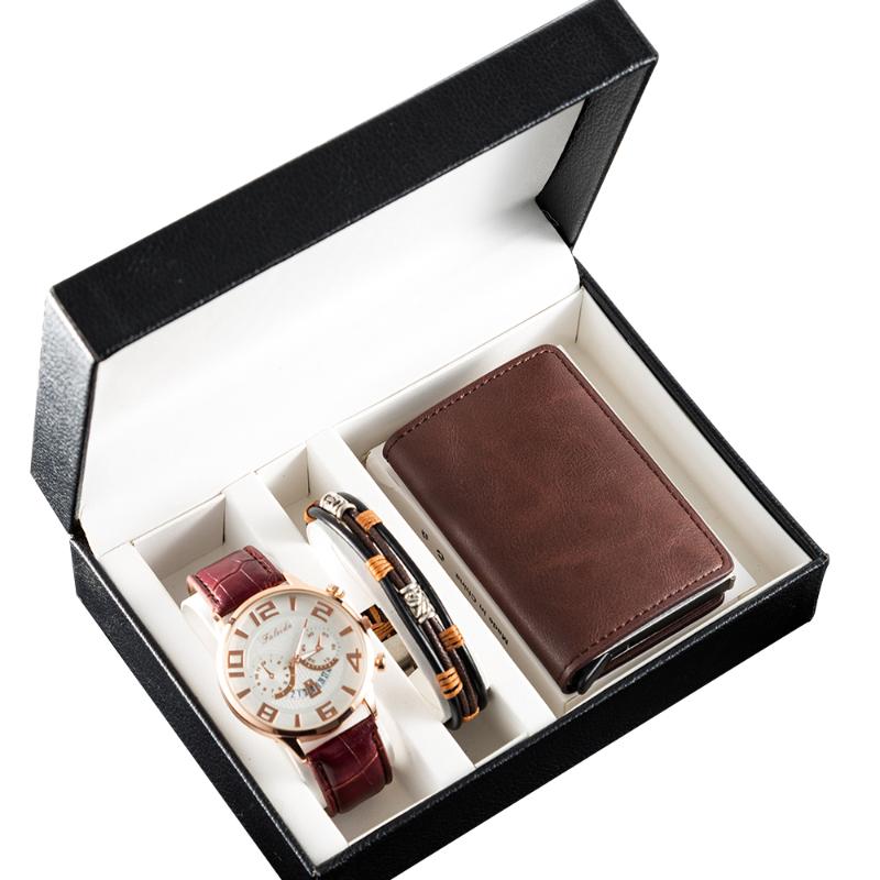 

Wristwatches 3Pcs/Set Watch And Wallet Gift Set Watches Men Wrist Antimagnetic Card Bag Man Fashion Cow Leather Bracelets, Black without box