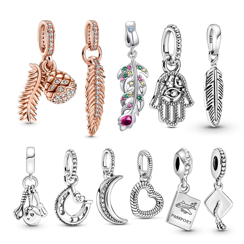 Authentic 925 Silver Rose Gold Color Peacock Leaf Dangle Charm for Pandora Bracelet Necklace-image-759871322