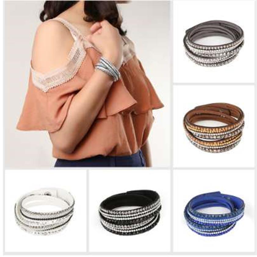 

Women Fashion Leather Wrap Multilayer Wristbands Charm Crystal Rhinestone Punk Cuff Bracelet Bangle Jewelry275R