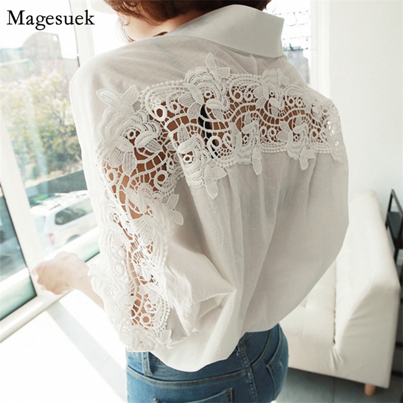 

Turndown Collar Cotton White Blouse Shirts Women Embroidery Floral Hollow Out Sexy Female Shirt Tops Loose Casual Blouses 1310 220813