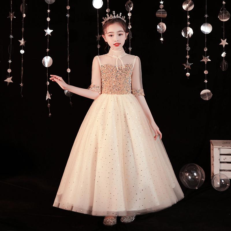 

Girl's Dresses Luxury Champagne Shiny Sequin Tulle Long Flower Girl For Wedding Princess Ball Gown Puffy Children Evening DresssGirl's