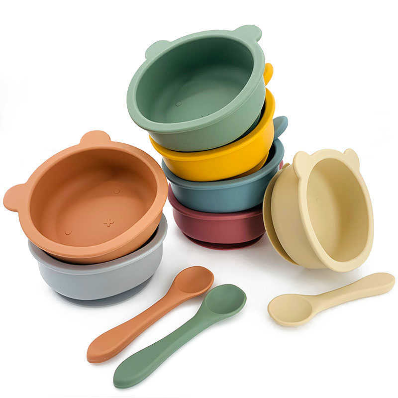 Wholesale Silicone Baby Feeding cereal bowls Tableware Waterproof Non-Slip Crockery BPA Free Dishes kids spoons-image-759871215