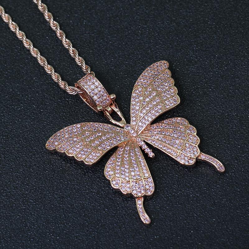 

Pendant Necklaces Pink Cubic Zirconia Paved Bling Out Rose Gold Butterfly Pendants For Men Women Hip Hop Rapper JewelryPendant PendantPendan