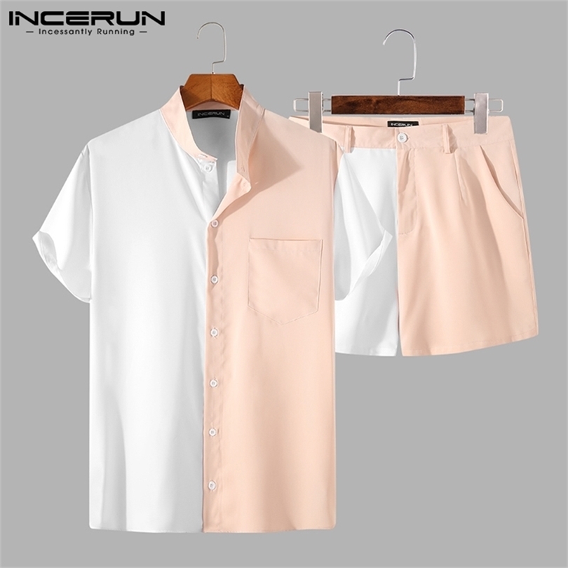 INCERUN hommes Patchwork ensembles Streetwear col montant chemises à manches courtes Shorts de plage respirant costume hawaïen 2 pièces 220621