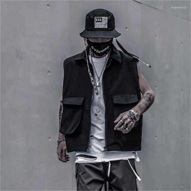 

Men' Vests Tooling Functional Wind Vest Wearing INS Port Style Thin Summer Fashion Hip-hop Jacket Stra22, Black