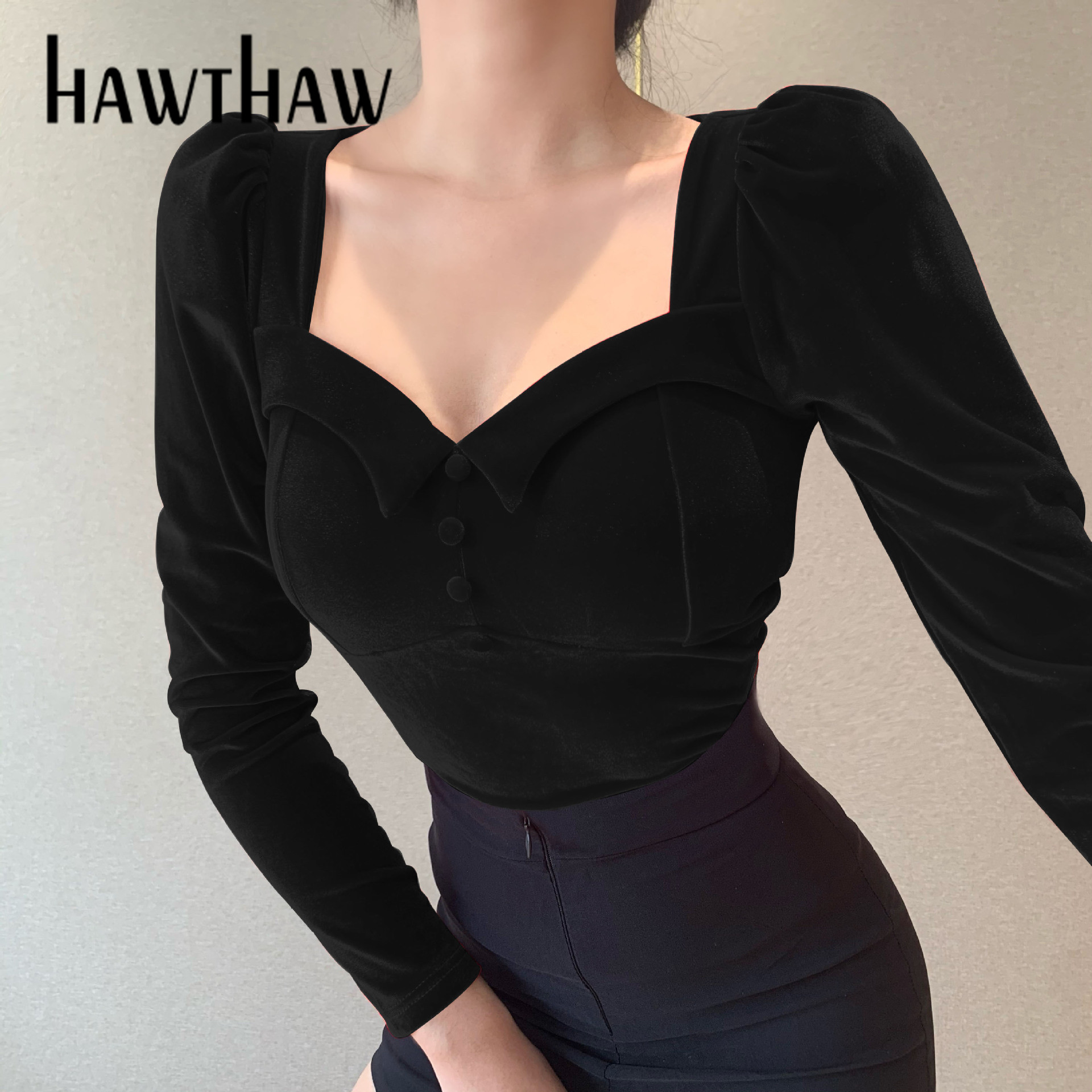 

Hawthaw Women Fashion Autumn Winter Long Sleeve Square Neck Velvet Female Soild Color Tops T Shirt 2021 Fall Clothes Streetwear, Black