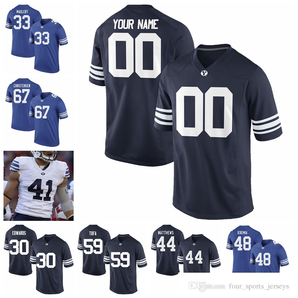 

NCAA BYU Cougars College Football Jerseys 14 Ty Detmer Jersey 16 Sione Takitaki Ty'Son Williams Matt Bushman Kyle Van Noy Jerseys Custom Stitched, Mens navy blue