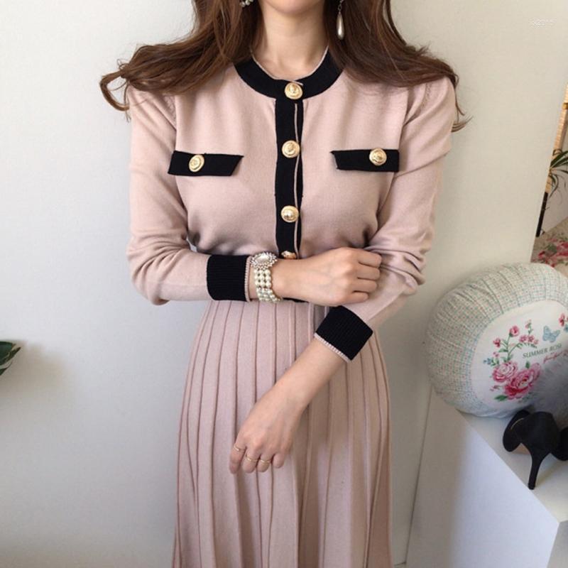 

Casual Dresses 2022 Spring Knitted Women Pleated Long Dress Sleeve Single-Breasted A-Line Elegant Ladies Vestidos, Picture color