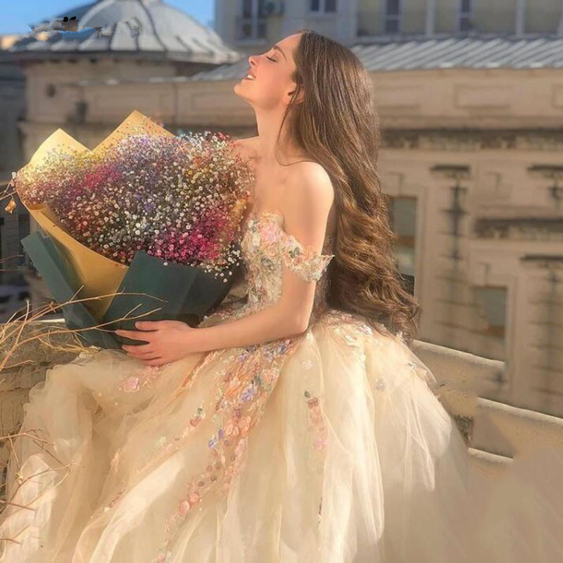 

Prom Dresses Off the Shoulder Sweetheart Tulle Long Evening Gowns 3D Flowers Appliques Formal Party Dress Princess Ball Gown, Ivory