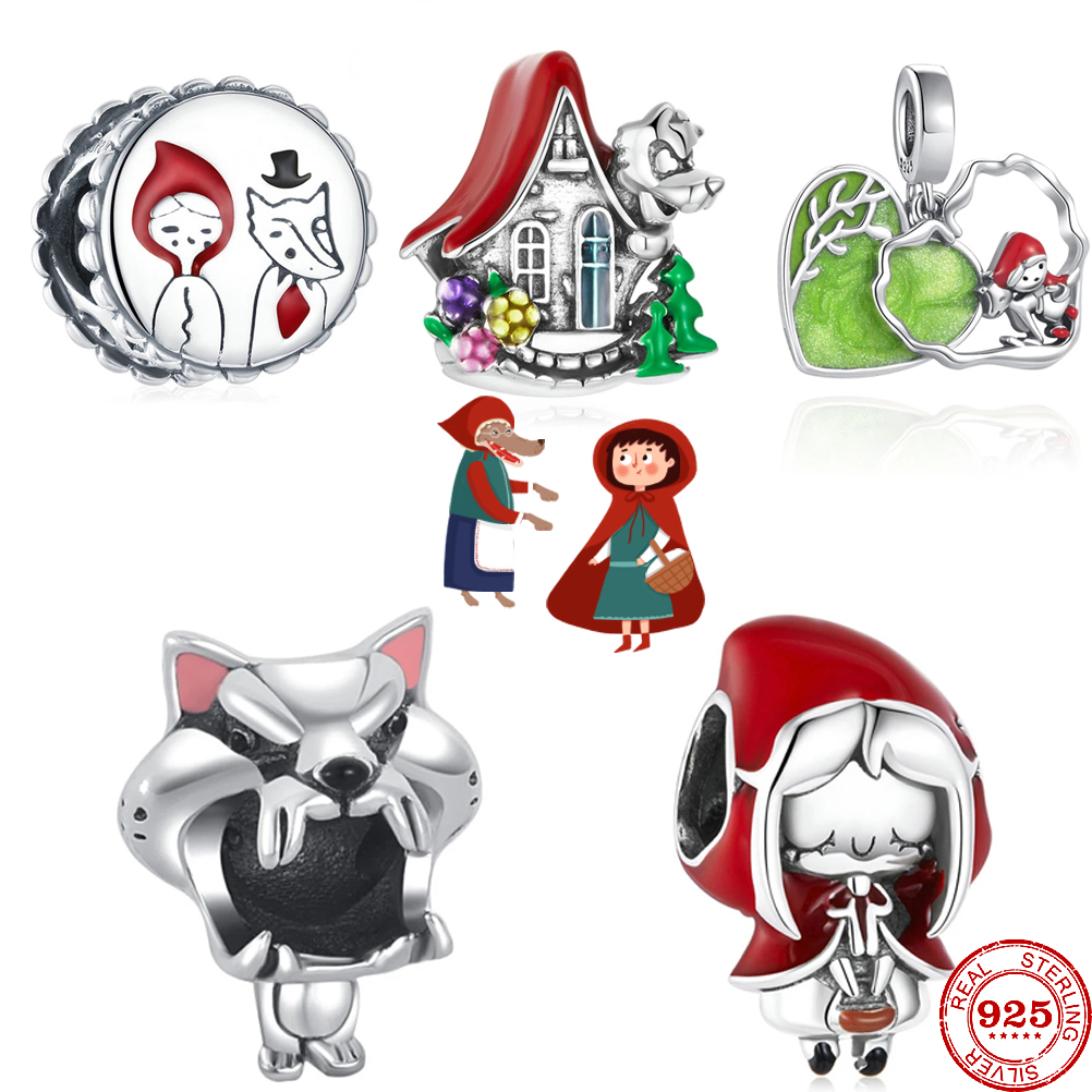 

925 Silver Fit Pandora stitch Bead Little Red Riding Hood amp Big Bad Wolf Bracelet Charm Beads Dangle DIY Jewelry Accessories