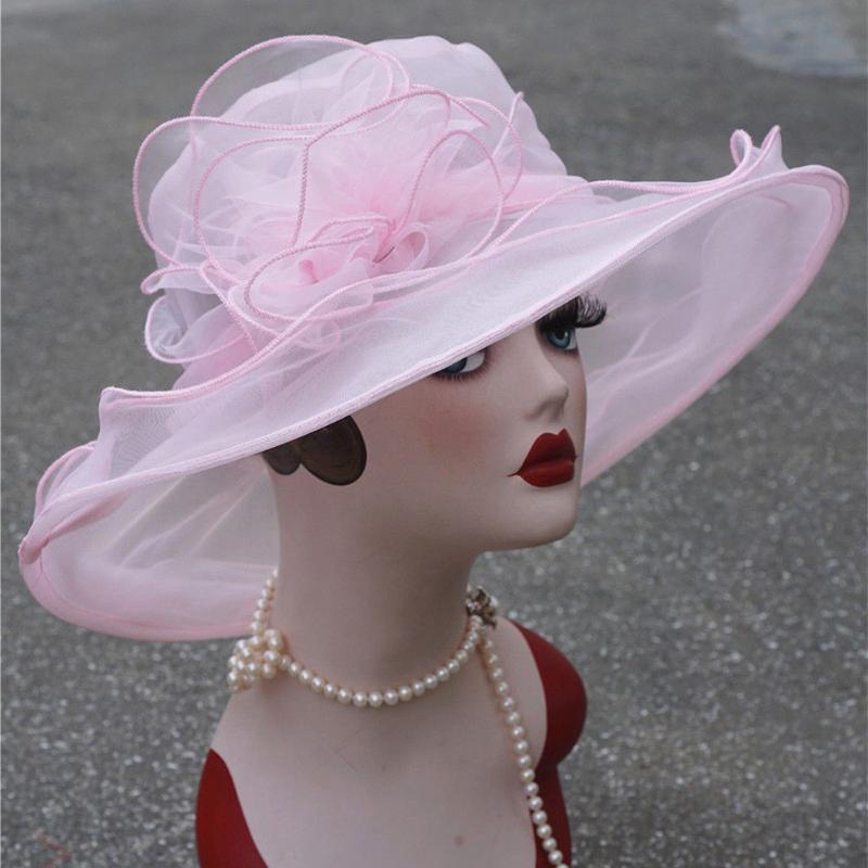 

Headpieces Fashion Mesh Ruffle Floral Women's Kentucky Derby Wide Brim Wedding Church Organza Sun HatHeadpieces