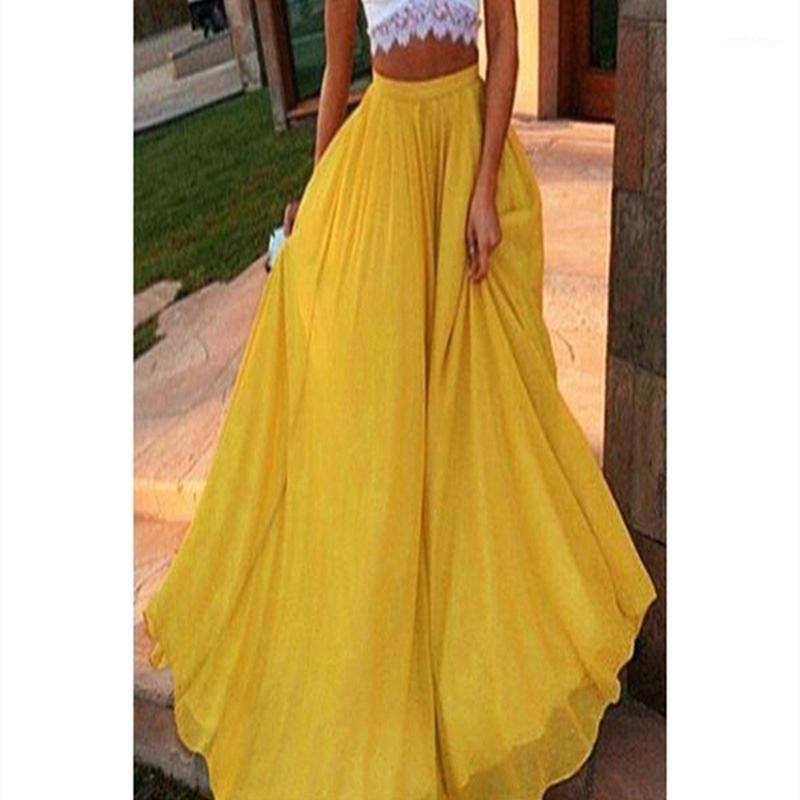 

Skirts 2022 Women Chiffon Long Elastic Waist Pleated A-line Maxi Beach Boho Vintage High Summer Faldas Saia, Claret