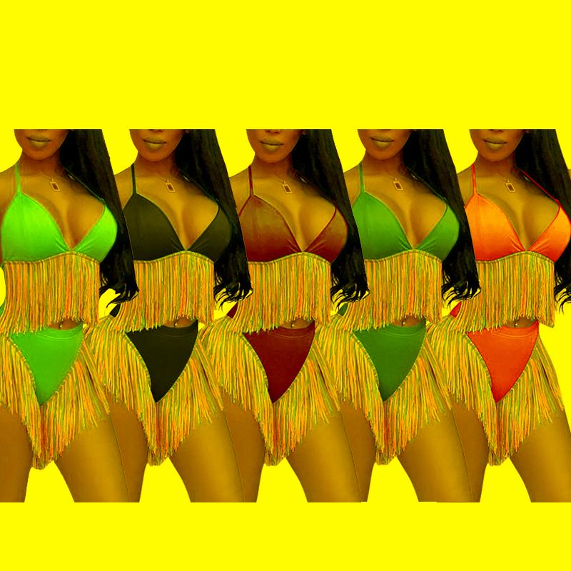 

Women' Swimwear Multicolor Tassels Bikini Sexy Women Push Up Swimsuit Set Summer Beach Bathing Suits Female BiquiniWomen, Black