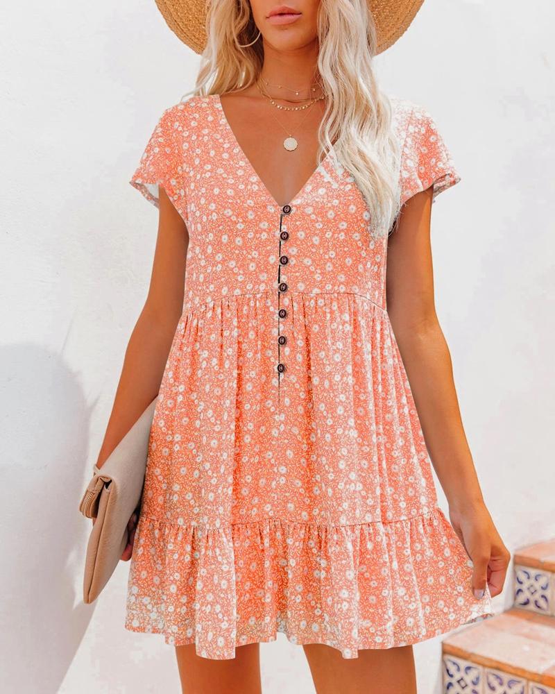 

Casual Dresses Floral Mini Dress For Women Summer Button Short Sleeve V Neck Ruffles Beach Party 2022 Elegant Boho VestidosCasual, Gray