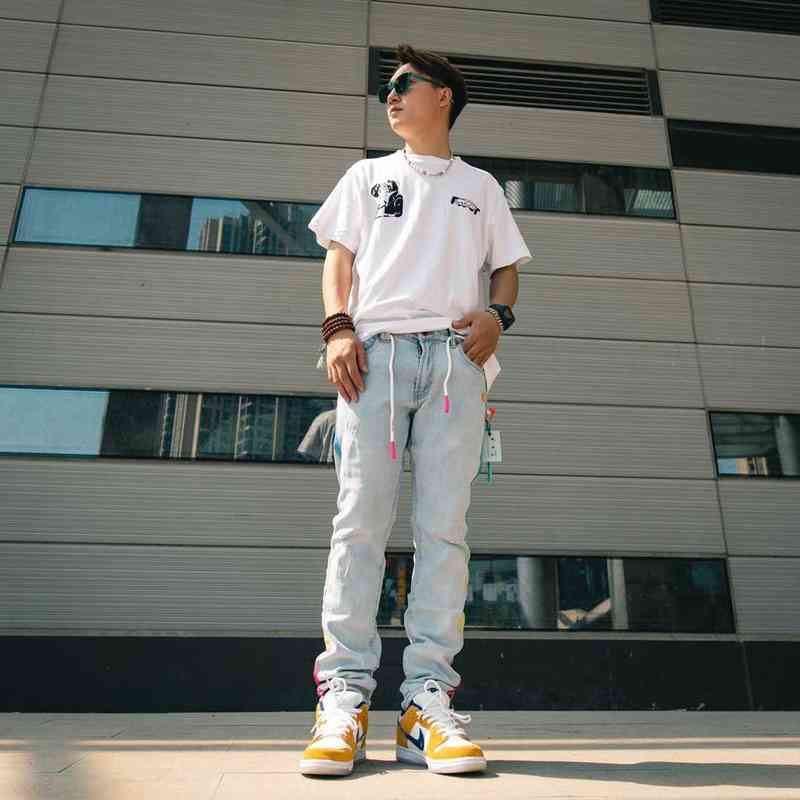 

Factory Online Export New Designer Brand Jeans Off Black White High Street Tide Wash Light Blue Drawstring Loose Micro Elastic Casual Men