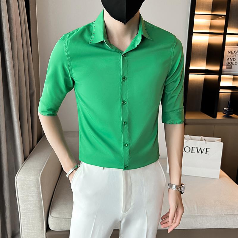 

Men's Casual Shirts Black/White/Green Embroidery Tuxedo Men Clothing 2022 Business Formal Wear Slim Fit Half Sleeve Chemise Homme SaleMen's