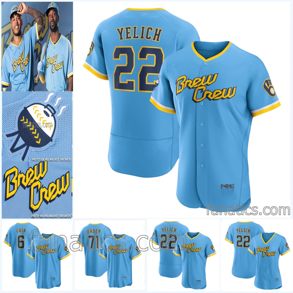 

22 Christian Yelich Milwaukee 2022 City Connect Jersey Brewers Tyrone Taylor Lorenzo Cain Josh Hader Brent Suter Willy Adames Kolten Wong Rowdy Tellez 24 McCutchen, Custom name number