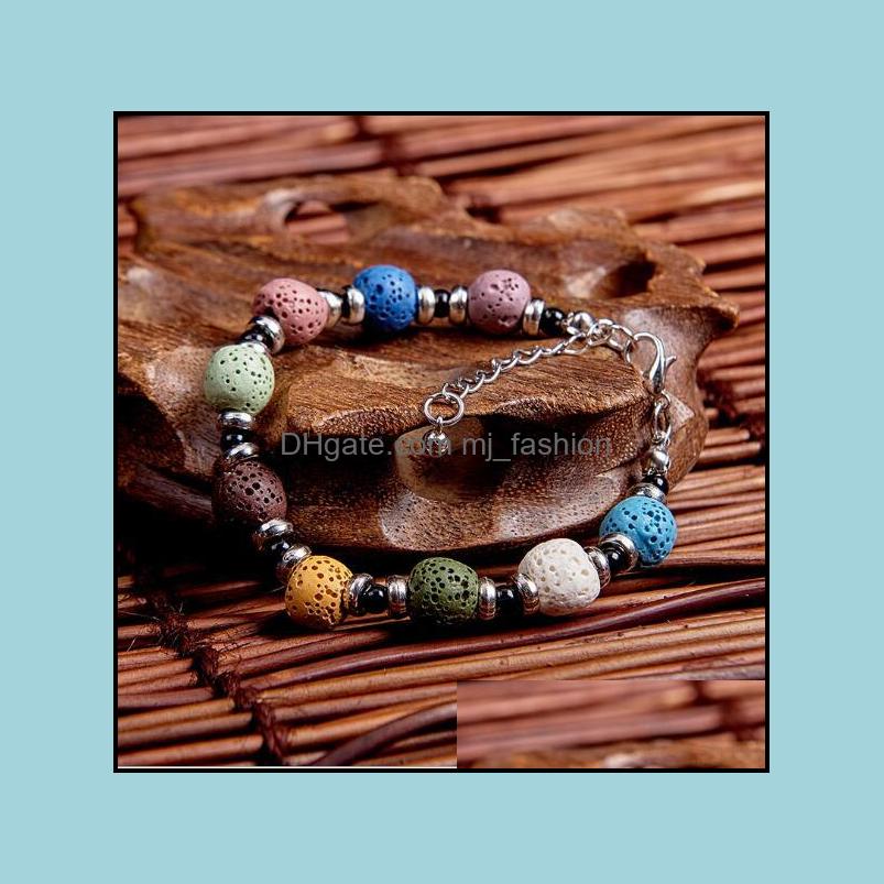 

Beaded Strands Bracelets Jewelry Fashion Bohemian Natural Lava Stone Mticolor Bangles For Women Sier Plated Essential Oil Diffuser Bracelet