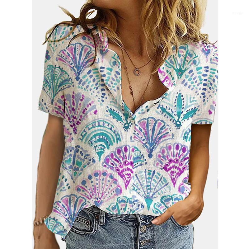 

Summer Print Casual Short Sleeve Top Women' Loose Lapel Digital Printing Vntage T Shirt Tees Harajuku Oversize Streewear T-Shirt, Blue