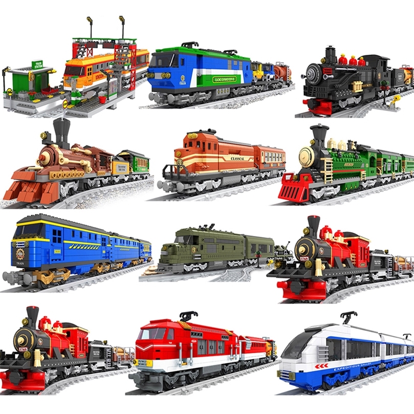 

City train set steam bullet vehicle cargo railway station model building blocks brick tracks rail no motor kits carriage kid toy 220816