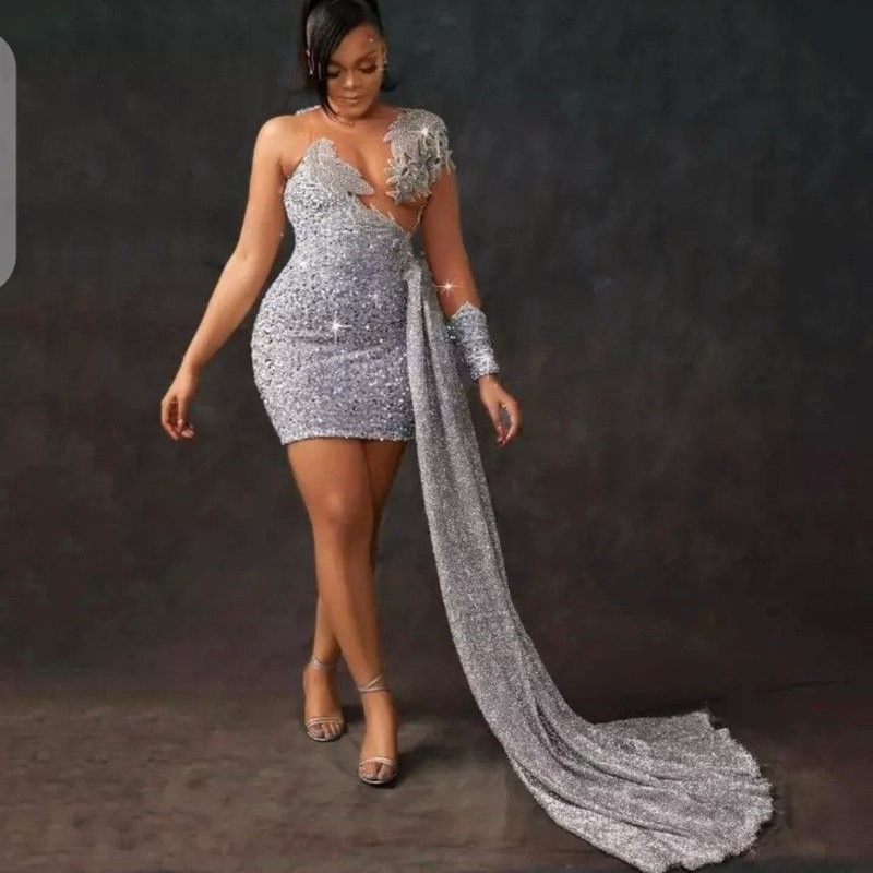 

One Shouler Sequin Prom Dresses Lace Beading Women's Short Evening Gowns Party Cocktail Dress vestido de novia, Purple