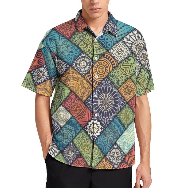 

Men's Casual Shirts Retro Mandala Shirt Male Elegant Diagonal Floral Summer Trendy Blouses Short Sleeve OversizedMen's, Style-12