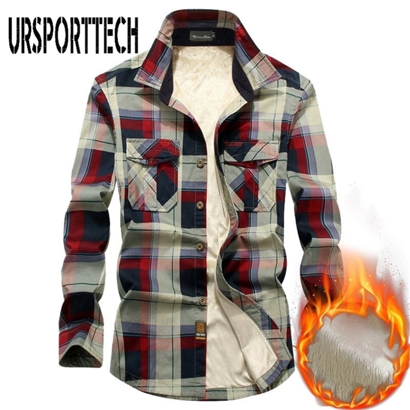 

Brand Winter Plaid Fleece Shirt Men 100% Cotton Liner Casual Long Sleeve Shirts Outerwear Thick Warm Autumn Shirt Chemise Homme 220401, Red fleece