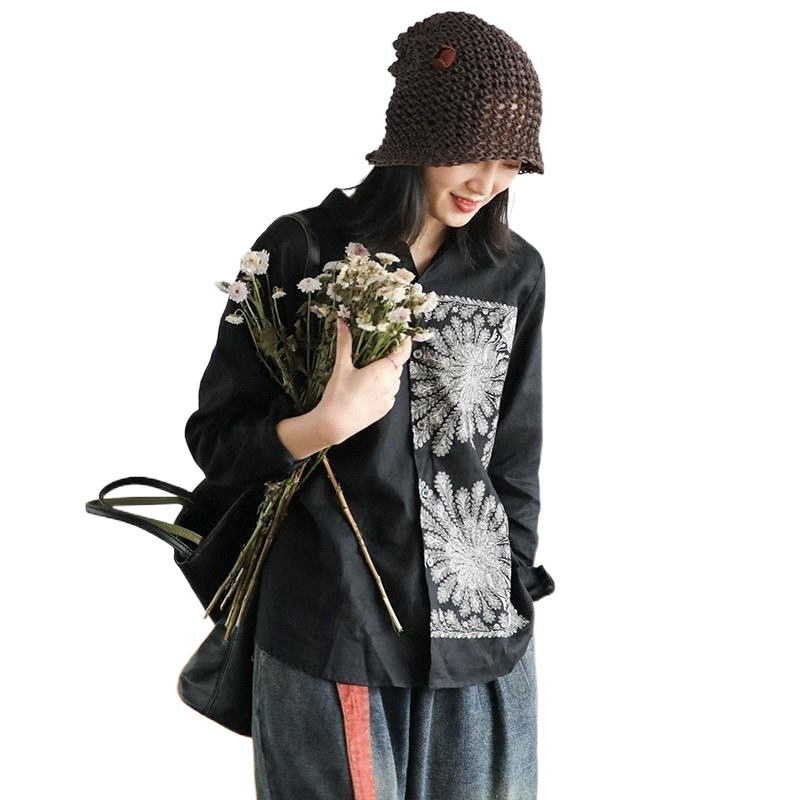 

women's Blouses & Shirts 2021 Spring Arts Style Women Loose Cotton Linen Turn-down Collar Vintage Print Casual Femme Tops S638 r8oL#, Dark grey