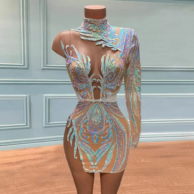 2022 Manches longues scintillantes une épaule sexy en dentelle de lace de bal robes à la maison mini-cou high cou africain fille noire de fête de