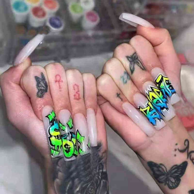 

False Nails Detachable Coffin Long Graffiti French Ballerina Fake Full Cover Nail Tips Press on with Glue 24pc 0616