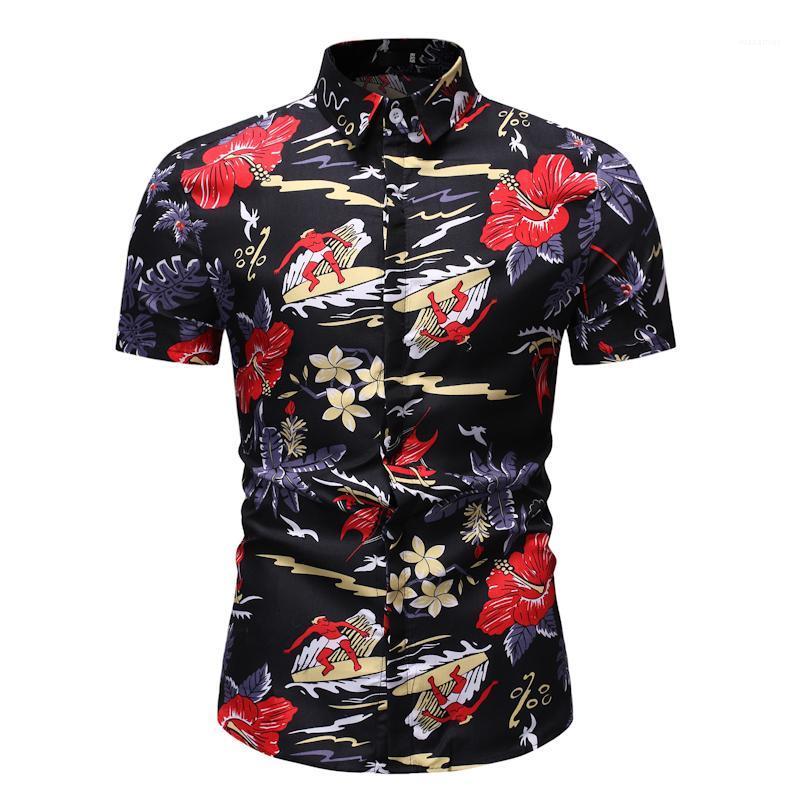 

Loldeal Men's Plus Size Cotton Shirt - Floral Print Blue Short Sleeve Summer Casual Shirts, Z01 navy