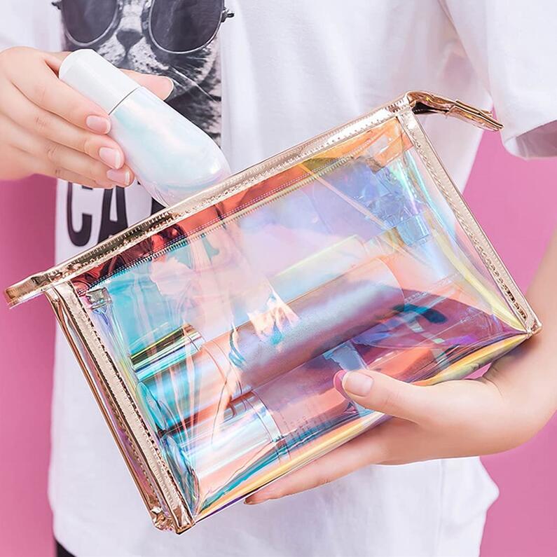 Waterproof Holographic Makeup Bags Large Capacity Cosmetic Bag Clear Toiletry Pouch Portable Pencil Case Travel Handbag