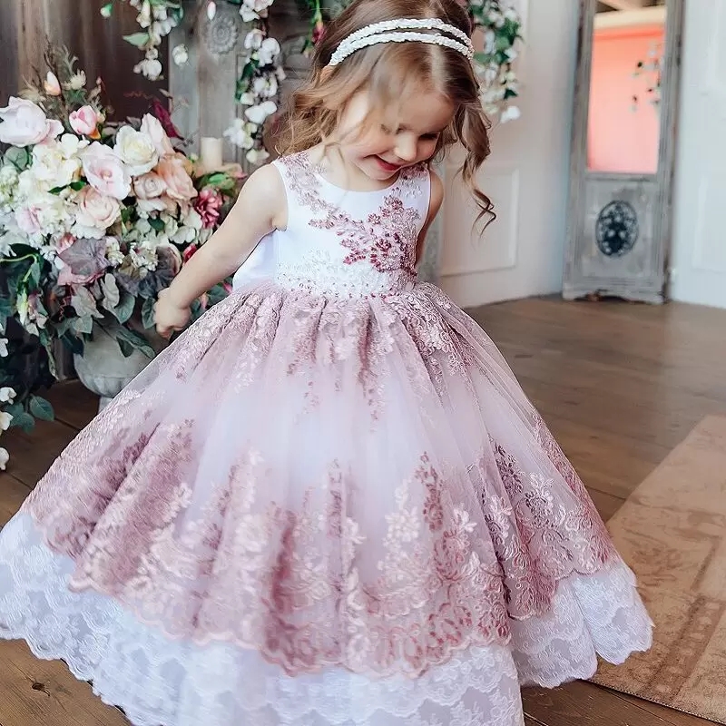 

New Lovely Lace Flower Girl Dresses For Wedding Beaded Toddler Backless Pageant Gowns Bateau Neck Floor Length Kids Prom Dress, Red