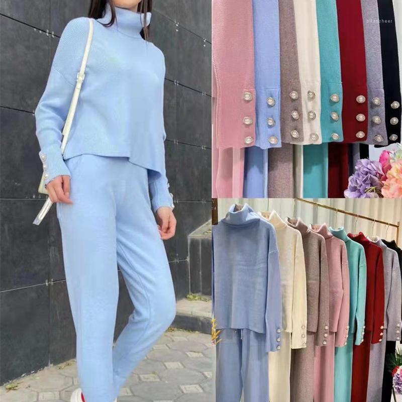 

Women's Two Piece Pants Winter Solid Color Knitted Suit Casual Two-Piece Set Turtleneck Pullover Sweater Slim Autumn Female Outfit, Green