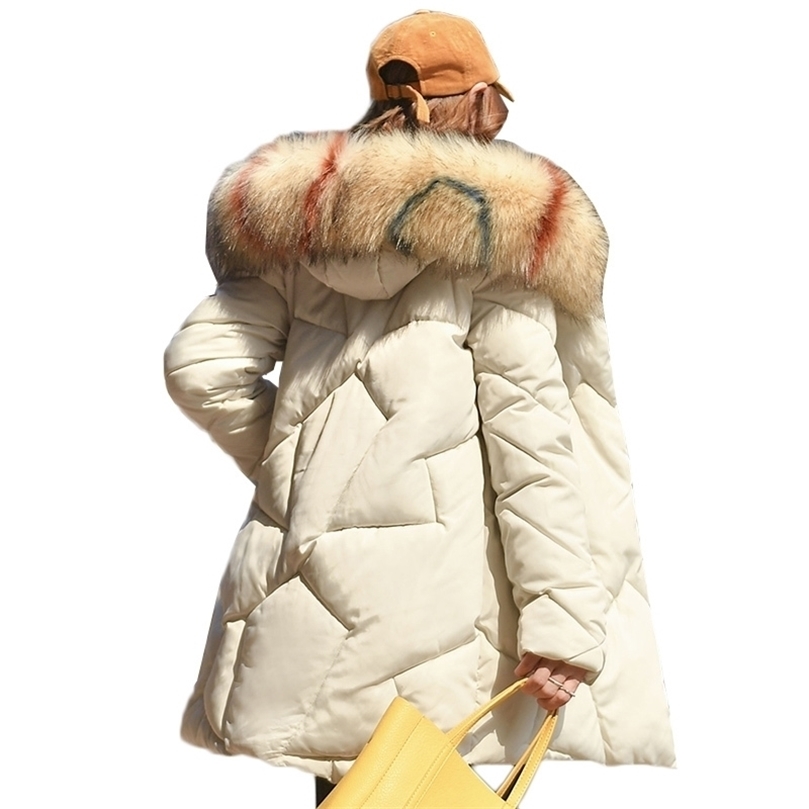 

Winter Hooded Parka Women Jacket Coat Thicke Down Cotton Mid-Long Outerwear Plus Size 3XL Snow Cotton Padded Female Jacket 201127, White