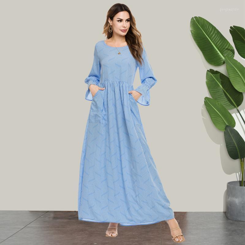 

Casual Dresses Muslim Women Dress Flare Sleeve Pockets A-line Abaya Blue UAE Moroccan Kaftan Islamic Clothing Big Swing Plus Size Robe