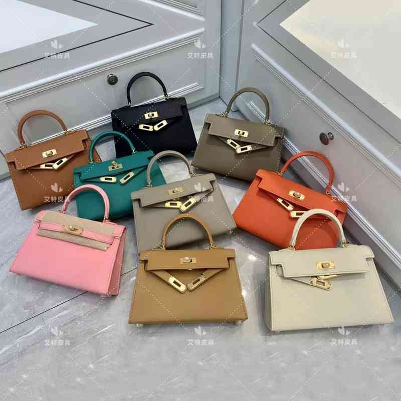 

Designer Birkins Handbags leather Kellies second generation Mini 19 inch hand messenger texture fashion versatile trend, Black gold buckle 19cm silk scarf should