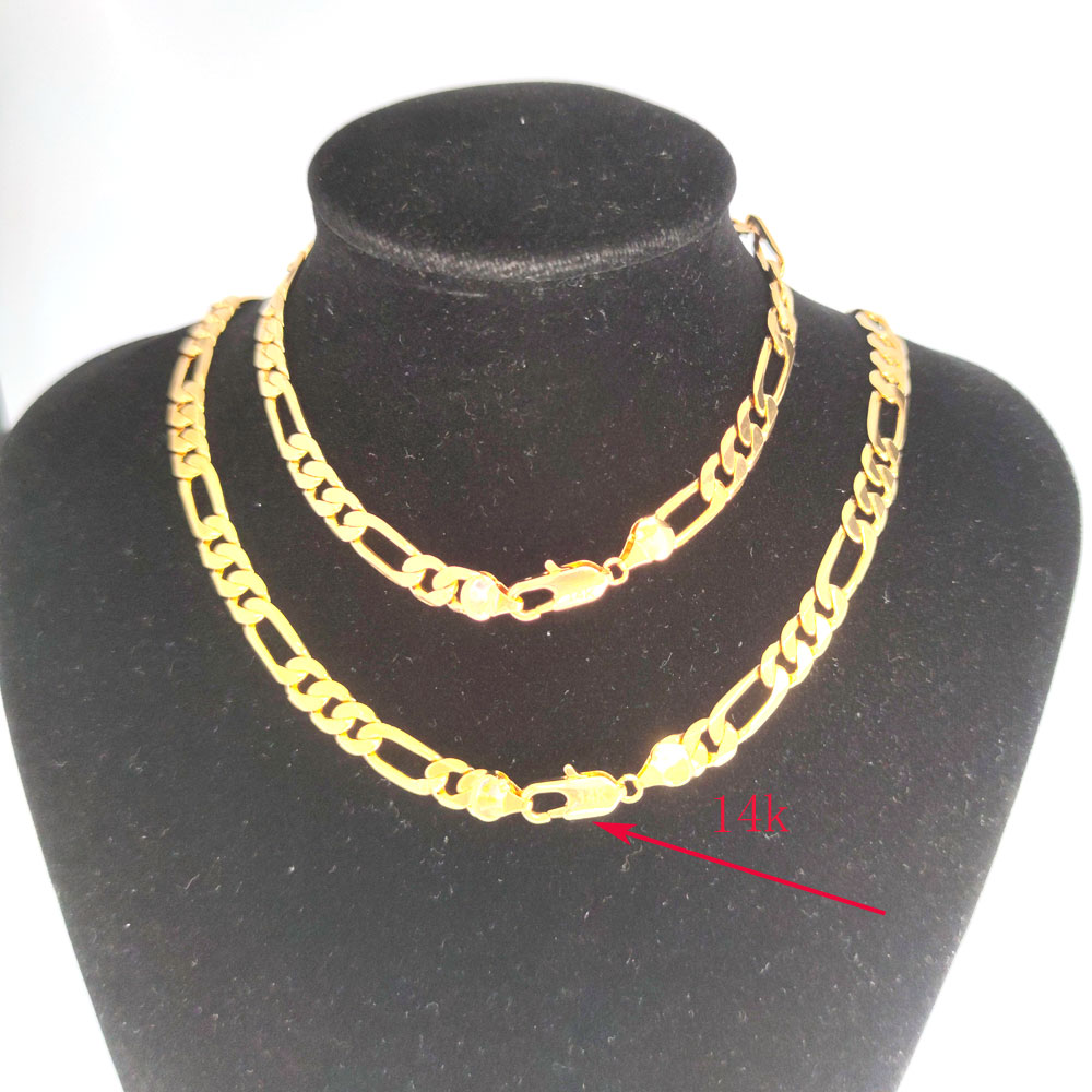 

Italian Figaro Link Chain Necklace Bracelet Sets 7mm 600 24" 14K Stamp Gold Plated, Golden