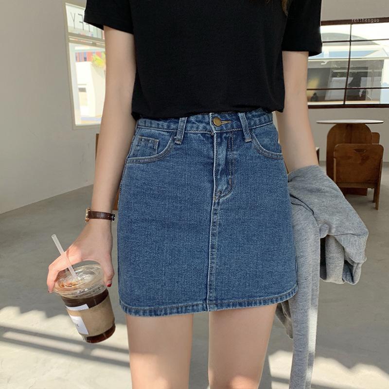

Skirts Casual High Waist Pencil Denim Women Summer Blue Solid Pockets Button All-matched Jeans Skirt, Light blue