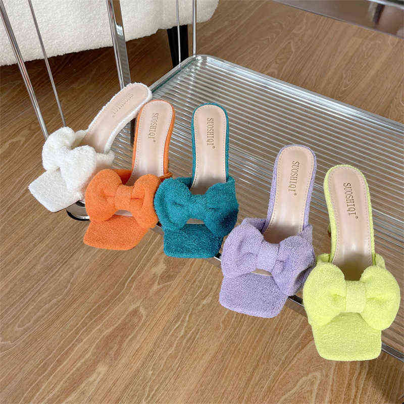 

2022 Summer High-heeled Slippers Women Wear Fashion Temperament Square Head Bow Beautiful Color Thin Heel Sandals, White