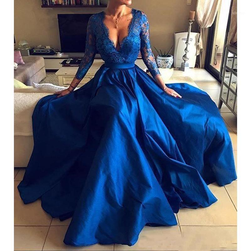 Party Dresses Royal Blue Plunging V-Neck Lace Long Prom High Split Sleeves Satin Evening Gowns Plus Size Sweep Train Vestidos De