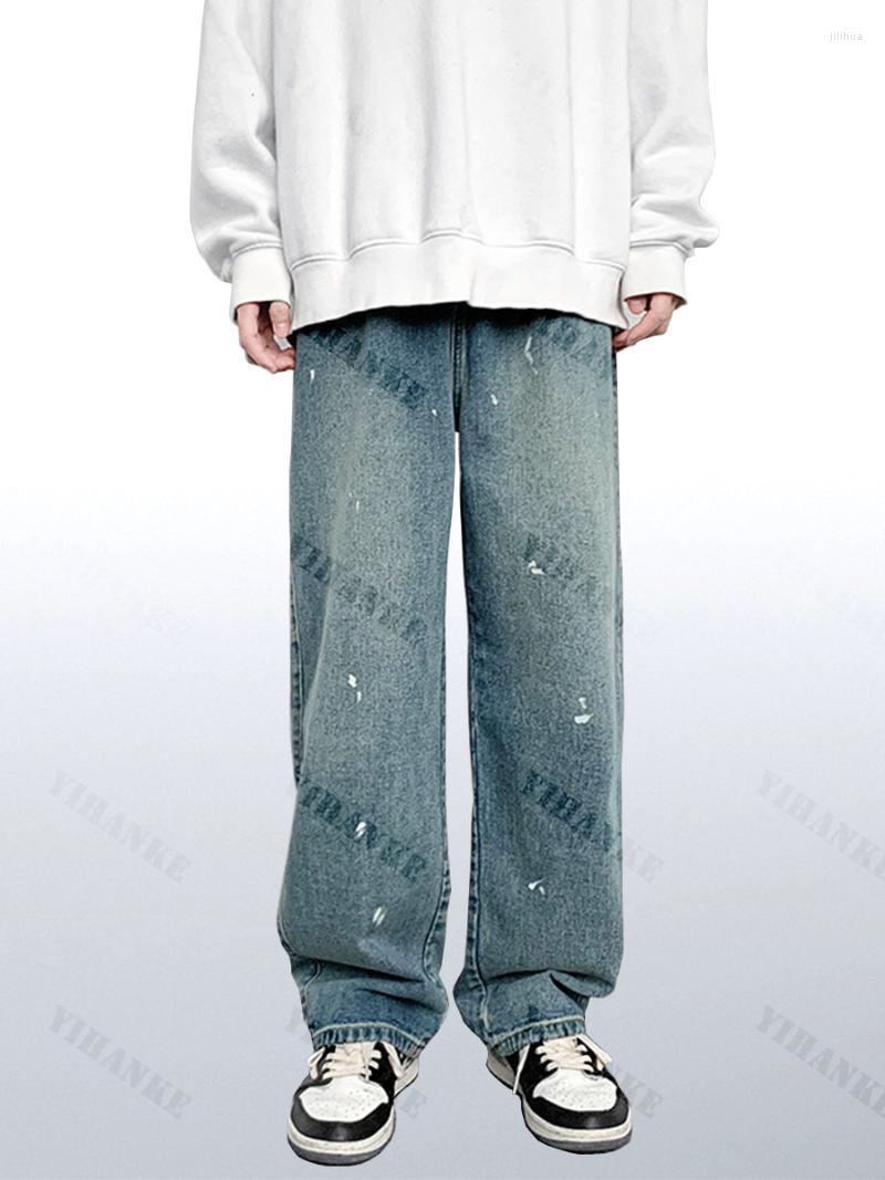 

Men's Jeans Four Seasons Men's Ink Splash Trend Loose Straight Y2K Tight Waist Wide Leg Trousers Fashion Streetwear Ins, Blue
