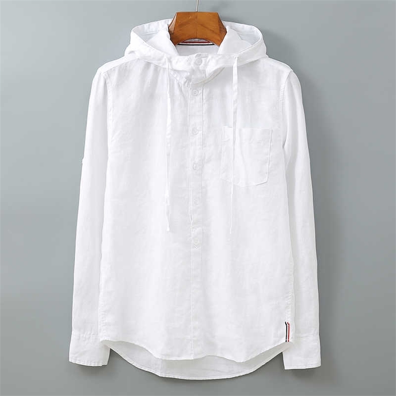 

100%Pure Linen Men Long Sleeve Hooded Shirt Solid White Blue Hat Stand Collar Pullover Fashion Casual Shirts Male Tops Clothing 210701, 5570 white