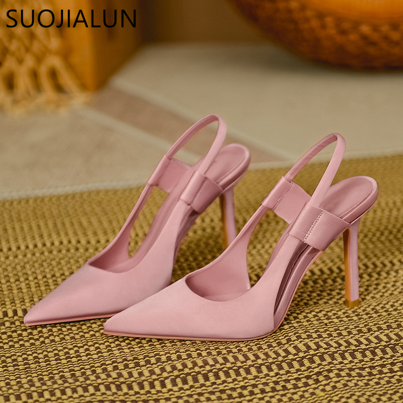 

SUOJIALUN Spring Women Slingback Sandals Pointed Toe Slip On Thin High Heel Ladies Elegant Pumps Shoes Drss Sanda 220613, Black