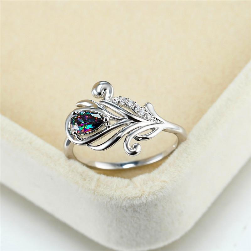 

Wedding Rings Unique Peacock Tail Water Drop Rainbow Stone For Women White Gold Pear Cut Multicolor Zircon Ring Female Luxury JewelryWedding