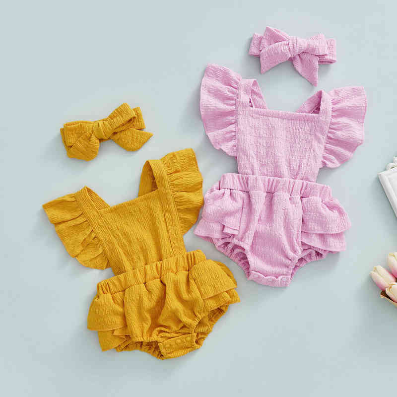 

Summer Baby Girls Romper byHeadband Square Neck Flying Sleeves Solid Color Elastic Waist Baby Rompers Newborn Clothing J220525, Yellow